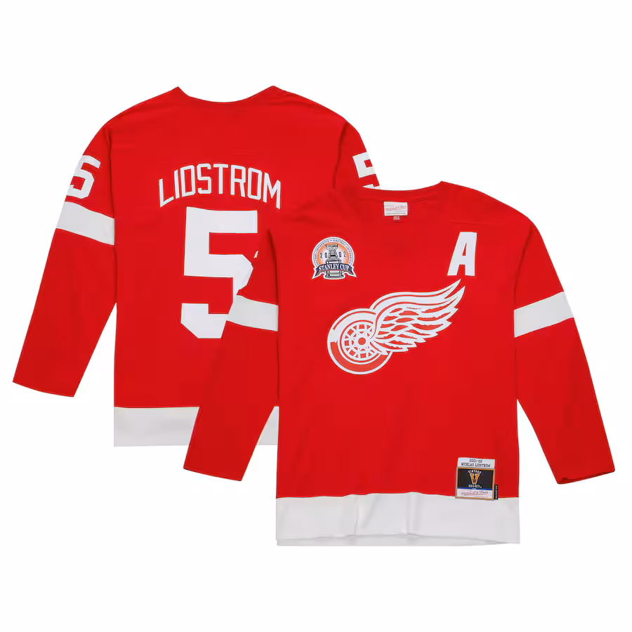 Men's Detroit Red Wings Nicklas Lidstrom Mitchell & Ness Red Alternate Captain Patch 2001/02 Blue Line Player Jersey - Jersey