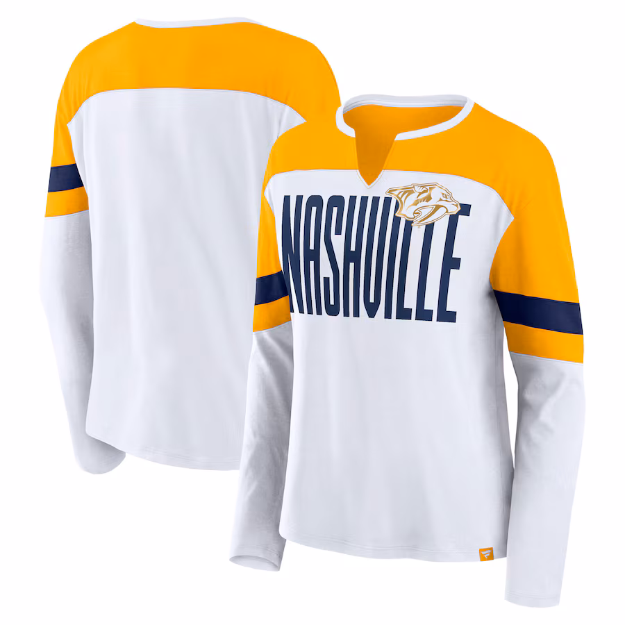Women's Nashville Predators Fanatics White/Gold Frozen Long Sleeve Notch Neck T-Shirt - Jersey