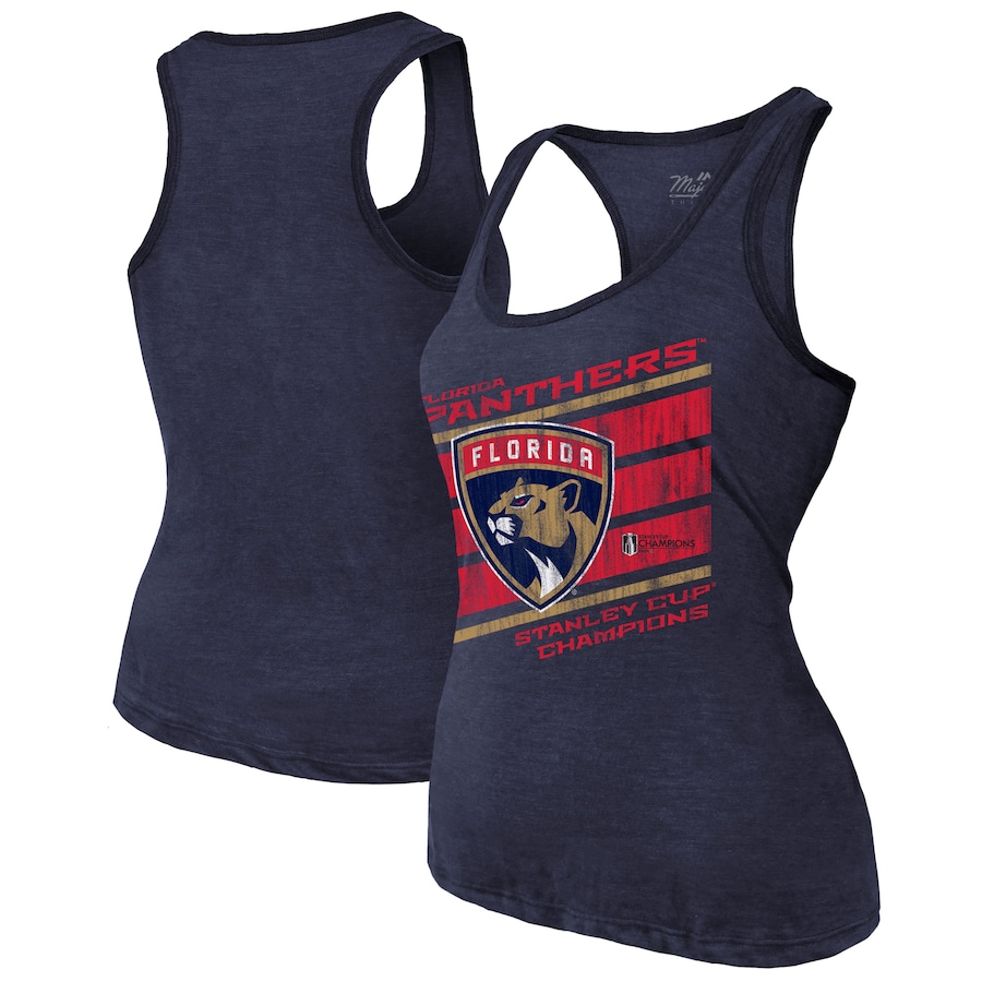 Women's Florida Panthers Majestic Threads Navy 2024 Stanley Cup Champions Tri-Blend Racerback Tank Top - Jersey
