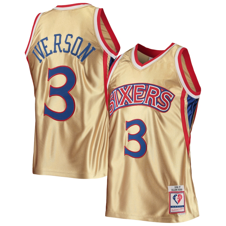 Men's Philadelphia 76ers Allen Iverson Gold Mitchell & Ness 75th Anniversary 1996/97 Hardwood Classics Swingman Jersey - Jersey