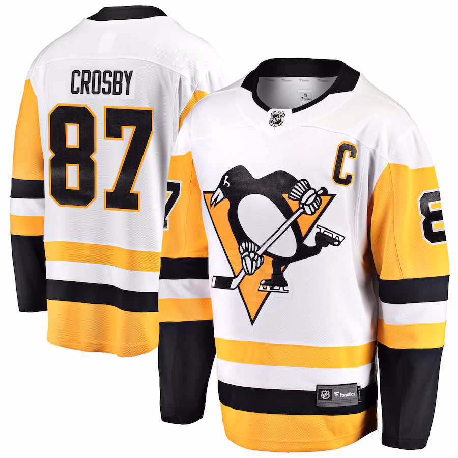 Men's Pittsburgh Penguins Sidney Crosby Fanatics White Captain Away Premier Breakaway Player Jersey - Jersey