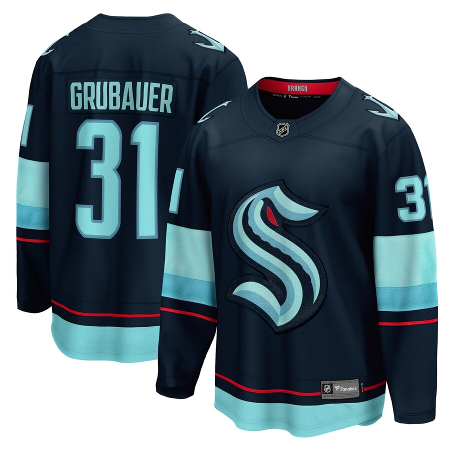 Men's Seattle Kraken Philipp Grubauer Fanatics Branded Deep Sea Blue Home Premier Breakaway Player Jersey - Jersey