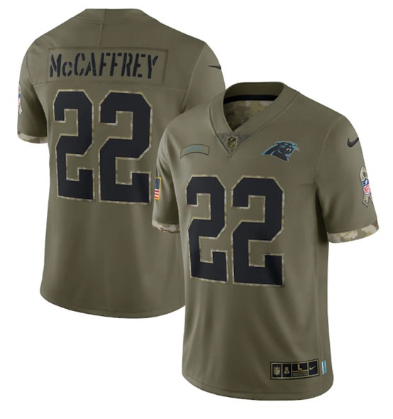 Men's Carolina Panthers #22 Christian McCaffrey 2022 Olive Salute To Service Limited Stitched Jersey - Jersey