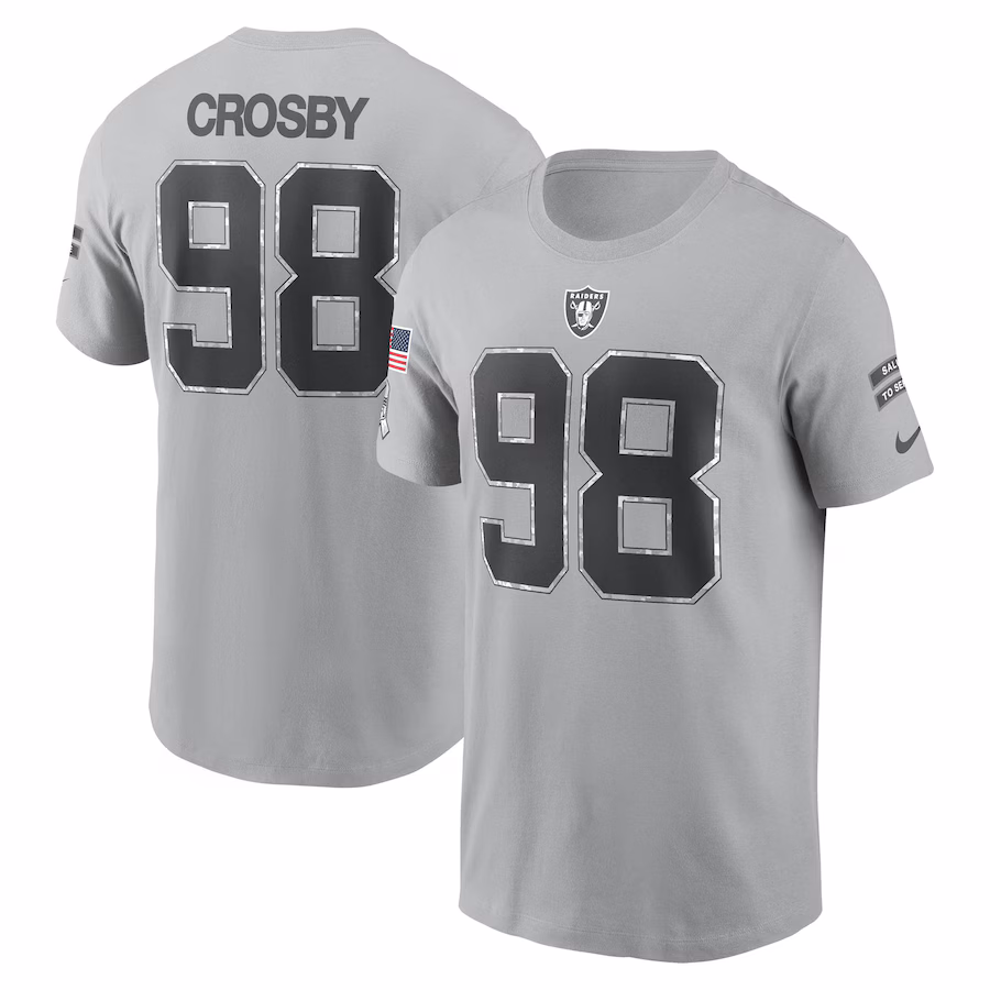 Men's Las Vegas Raiders Maxx Crosby Nike Gray 2024 Salute To Service Name & Number T-Shirt - Jersey
