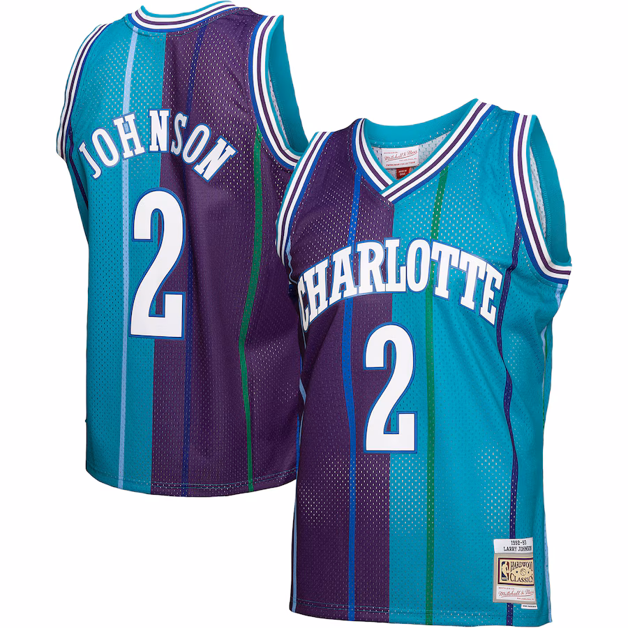 Men's Charlotte Hornets Larry Johnson Mitchell & Ness Teal/Purple Hardwood Classics 1992/93 Split Swingman Jersey - Jersey