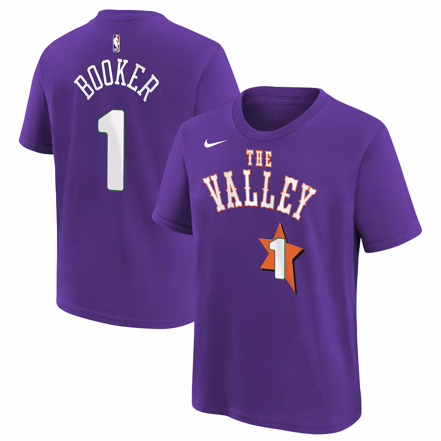 Youth Phoenix Suns Devin Booker Nike Purple 2024/25 City Edition Name & Number T-Shirt - Jersey