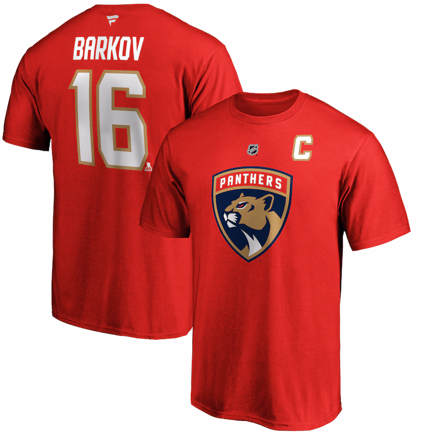 Men's Florida Panthers Aleksander Barkov Fanatics Red Team Authentic Stack Name & Number T-Shirt - Jersey