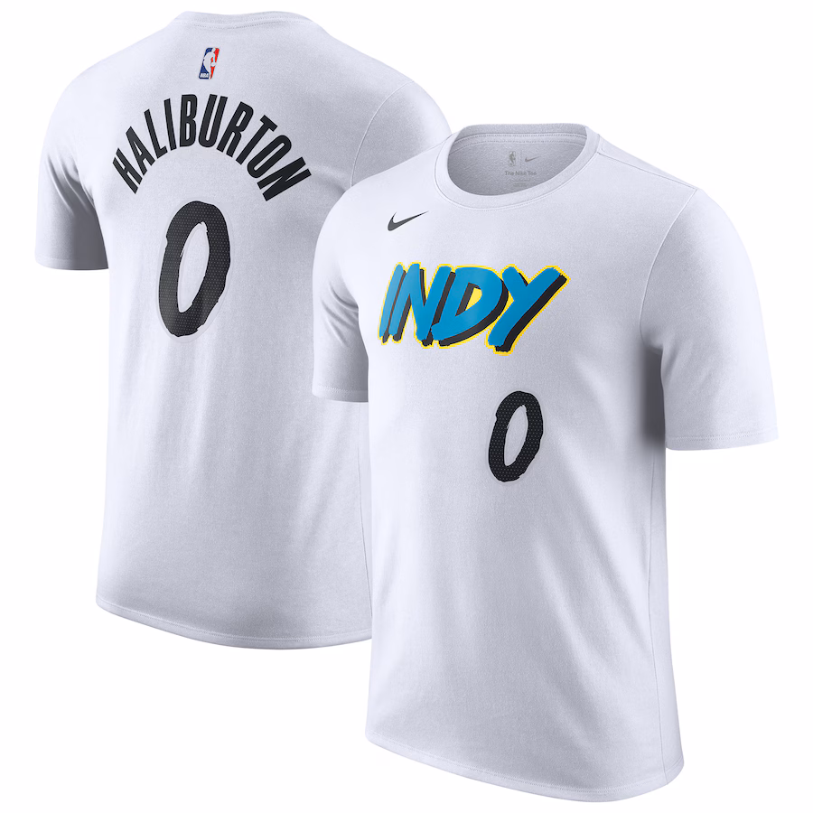 Men's Indiana Pacers Tyrese Haliburton Nike White 2024/25 City Edition Name & Number T-Shirt - Jersey