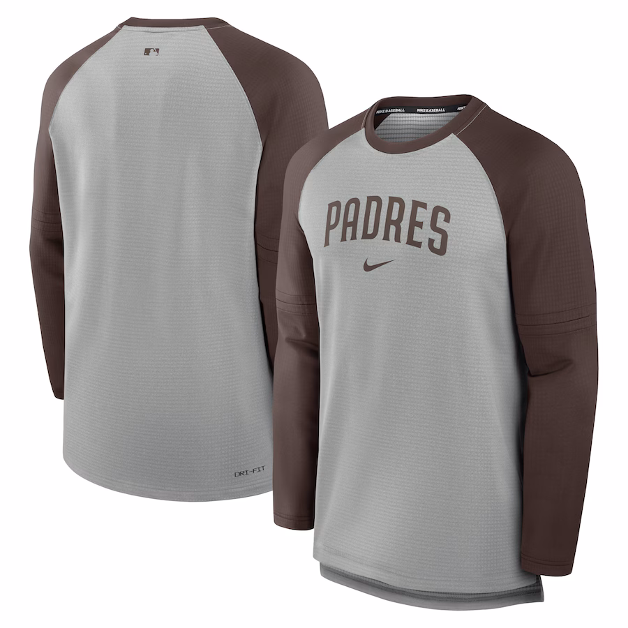 Men's San Diego Padres Nike Heather Gray/Brown Authentic Collection Game Time Raglan Performance Long Sleeve T-Shirt - Jersey