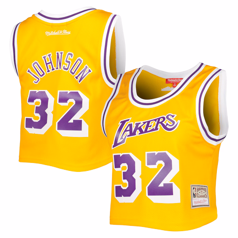 Women's Los Angeles Lakers Magic Johnson Mitchell & Ness Gold 1984 Hardwood Classics Crop Player Tank Top - Jersey