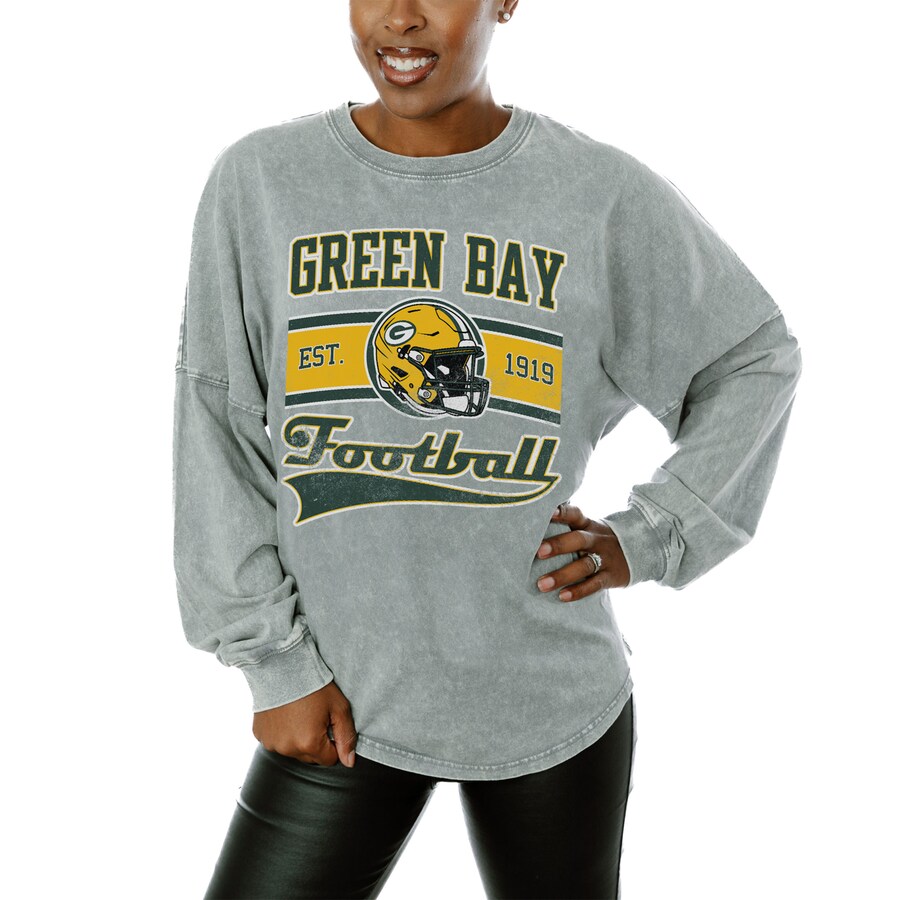 Women's Green Bay Packers  Gameday Couture Gray  Snow Wash Oversized Long Sleeve T-Shirt - Jersey