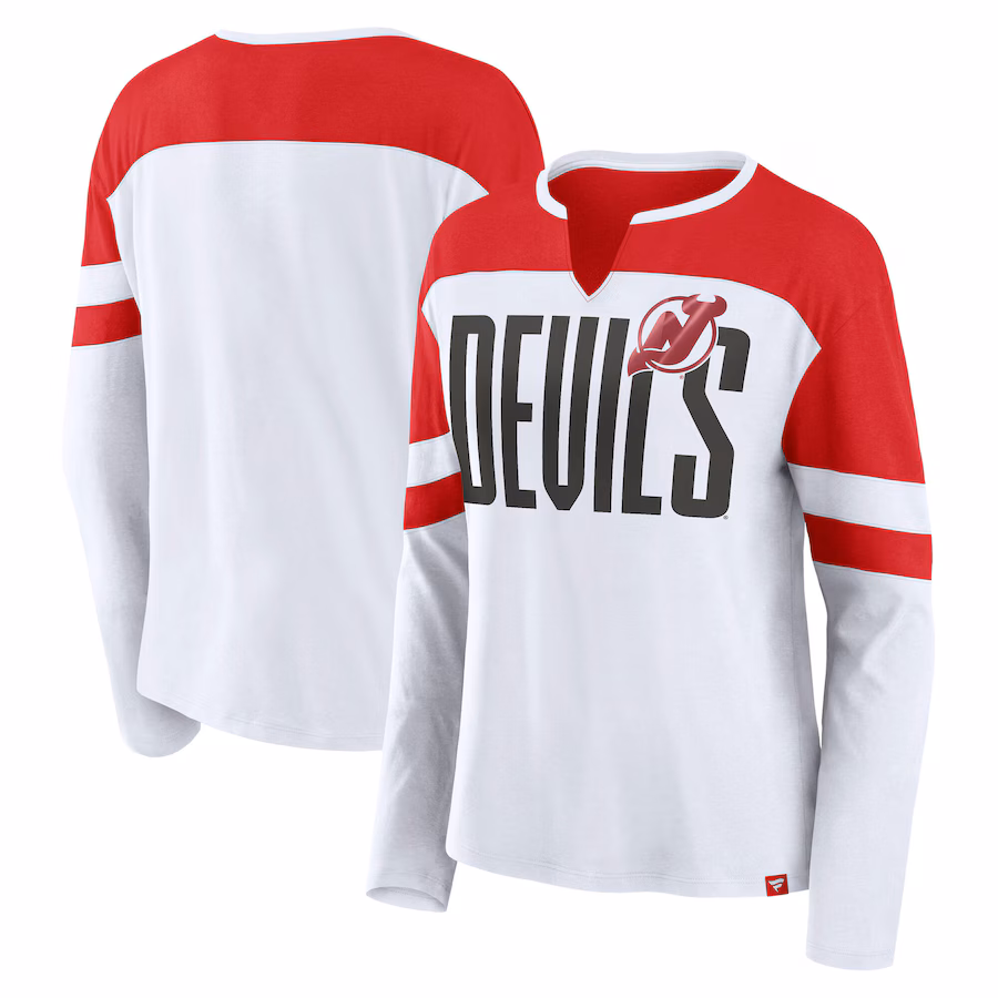 Women's New Jersey Devils Fanatics White/Red Frozen Long Sleeve Notch Neck T-Shirt - Jersey