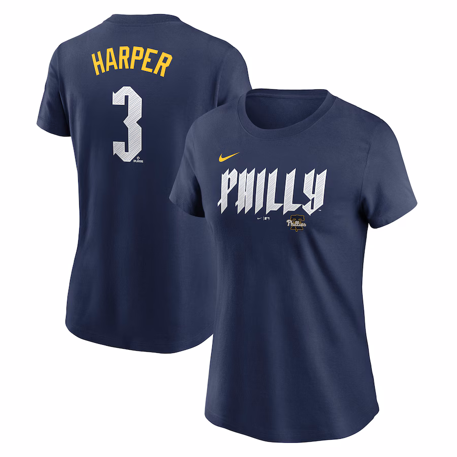 Women's Philadelphia Phillies Bryce Harper Nike Navy 2024 City Connect Fuse Player Name & Number T-Shirt - Jersey