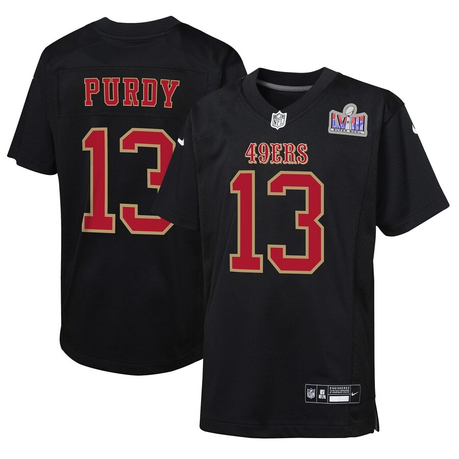 Youth San Francisco 49ers Brock Purdy Nike Black Super Bowl LVIII Patch Carbon Fashion Game Jersey - Jersey
