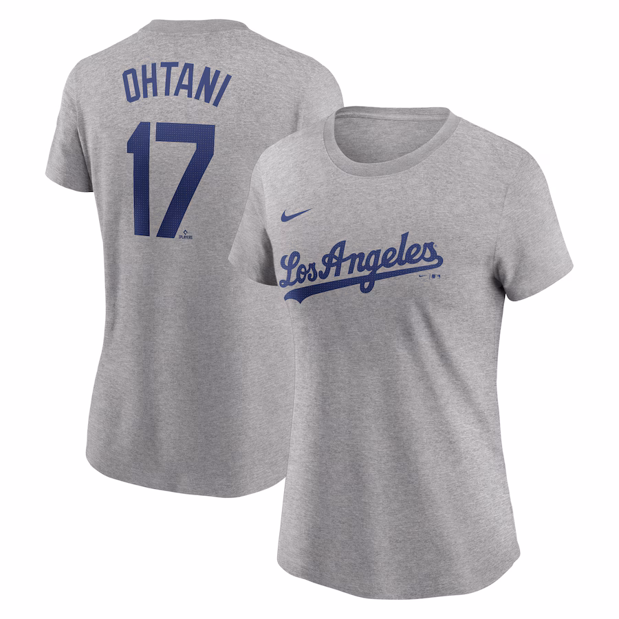 Women's Los Angeles Dodgers Shohei Ohtani Nike Heather Gray Fuse Name & Number T-Shirt - Jersey