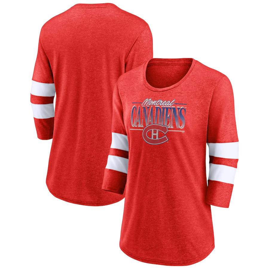 Women's Montreal Canadiens Fanatics Heathered Red/White Full Shield 3/4-Sleeve Tri-Blend Raglan Scoop Neck T-Shirt - Jersey