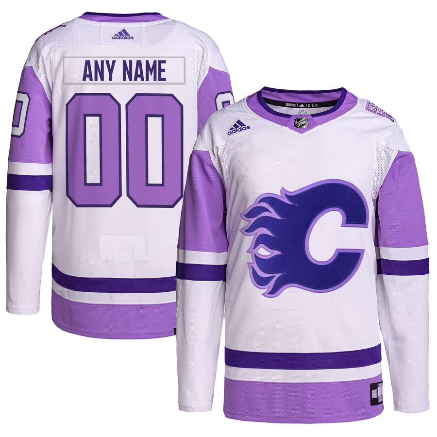 Men's Calgary Flames adidas White/Purple Hockey Fights Cancer Primegreen Authentic Custom Jersey - Jersey