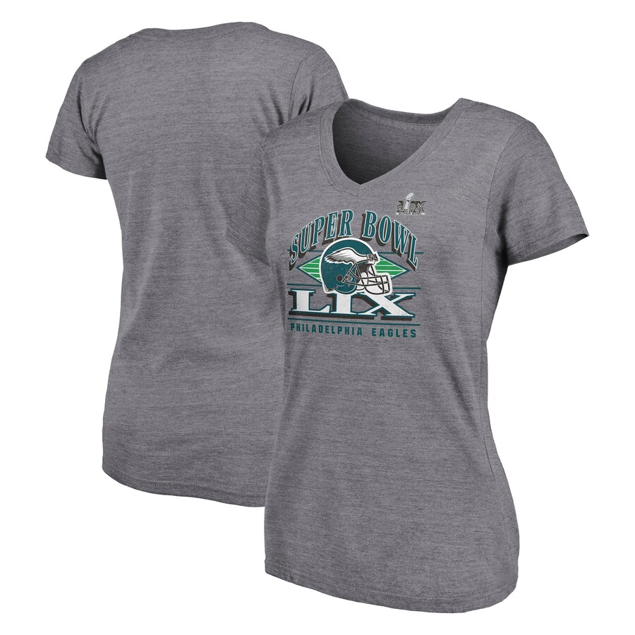 Women's Philadelphia Eagles Fanatics Heather Gray Super Bowl LIX Helmet Tri-Blend V-Neck T-Shirt - Jersey