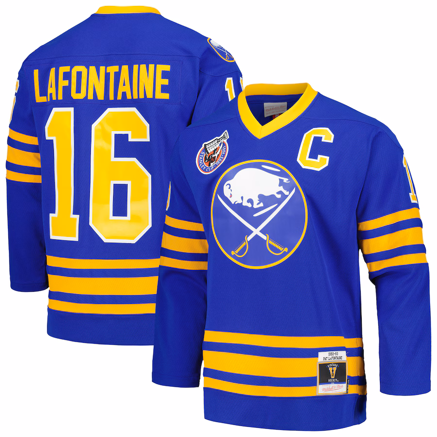 Men's Buffalo Sabres Pat LaFontaine Mitchell & Ness Royal Captain Patch 1992/93 Blue Line Player Jersey - Jersey
