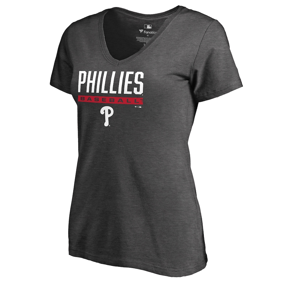 Women's Philadelphia Phillies Ash Win Stripe V-Neck T-Shirt - Jersey