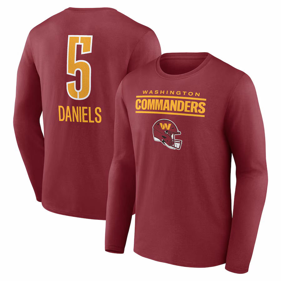 Men's Washington Commanders Jayden Daniels Burgundy Name & Number Team Wordmark Long Sleeve T-Shirt - Jersey