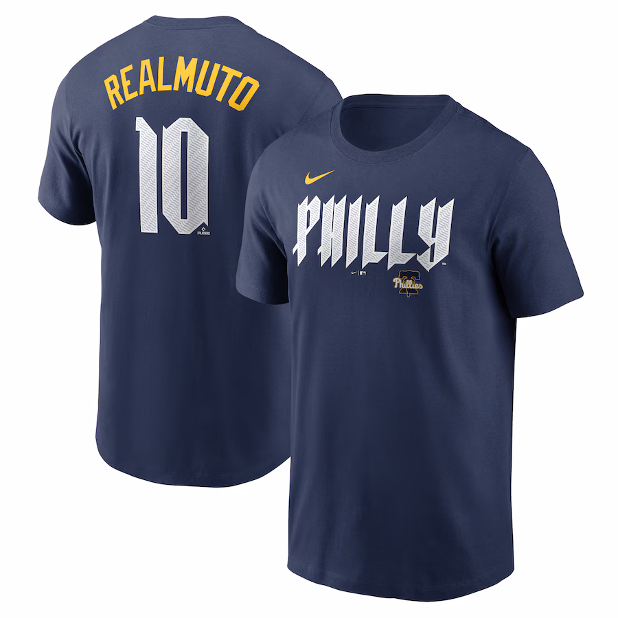 Men's Philadelphia Phillies J.T. Realmuto Nike Navy 2024 City Connect Fuse Player Name & Number T-Shirt - Jersey
