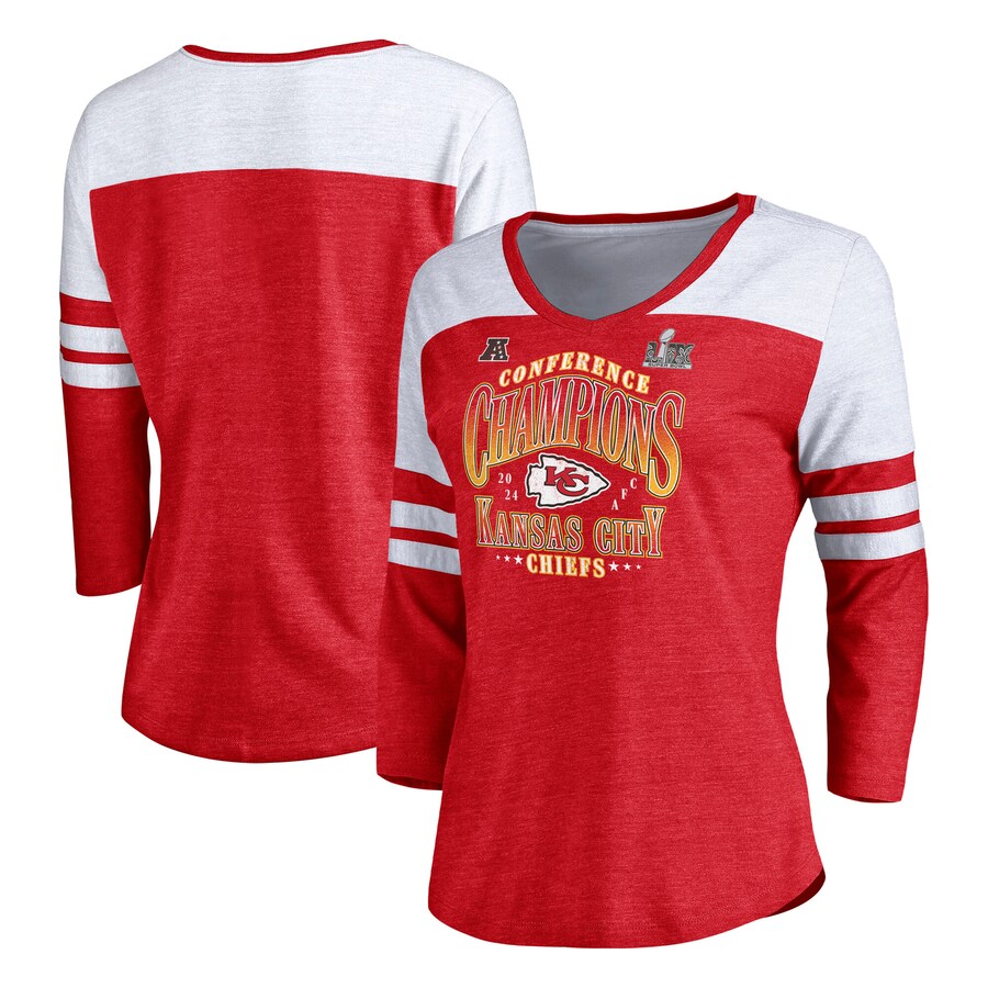Women's Kansas City Chiefs Fanatics Heather Red 2024 AFC Champions Tri-Blend 3/4 Sleeve V-Neck T-Shirt - Jersey