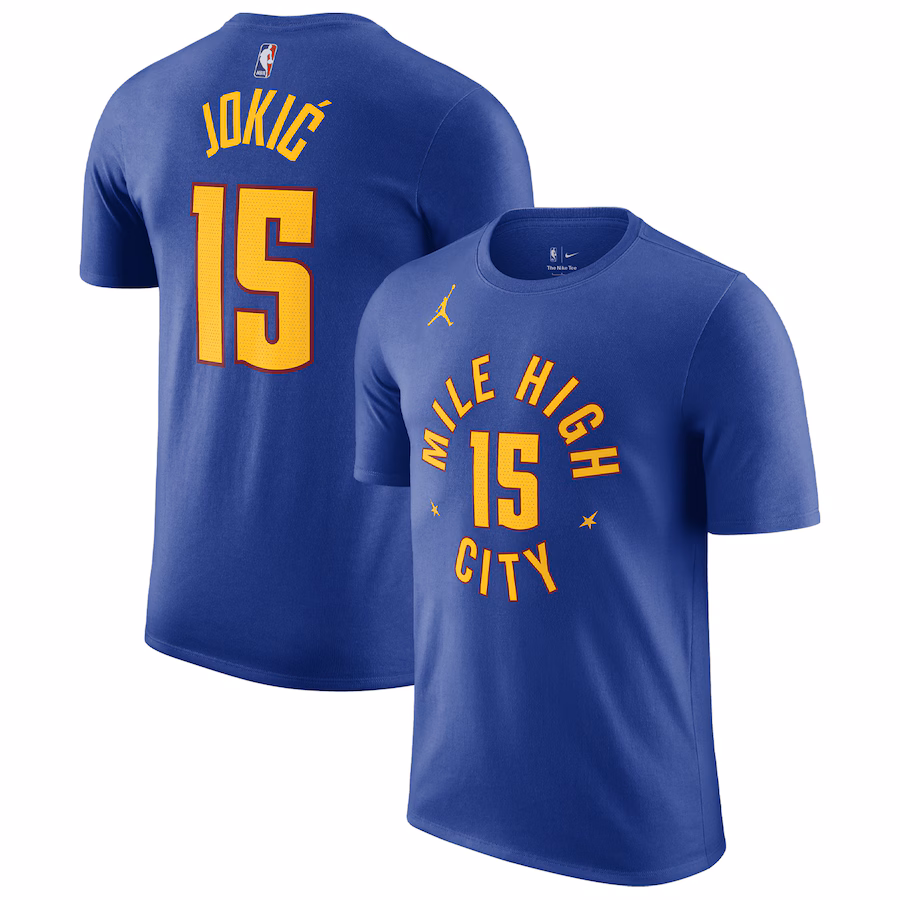 Men's Denver Nuggets Nikola Jokic Jordan Brand Blue 2022/23 Statement Edition Name & Number T-Shirt - Jersey