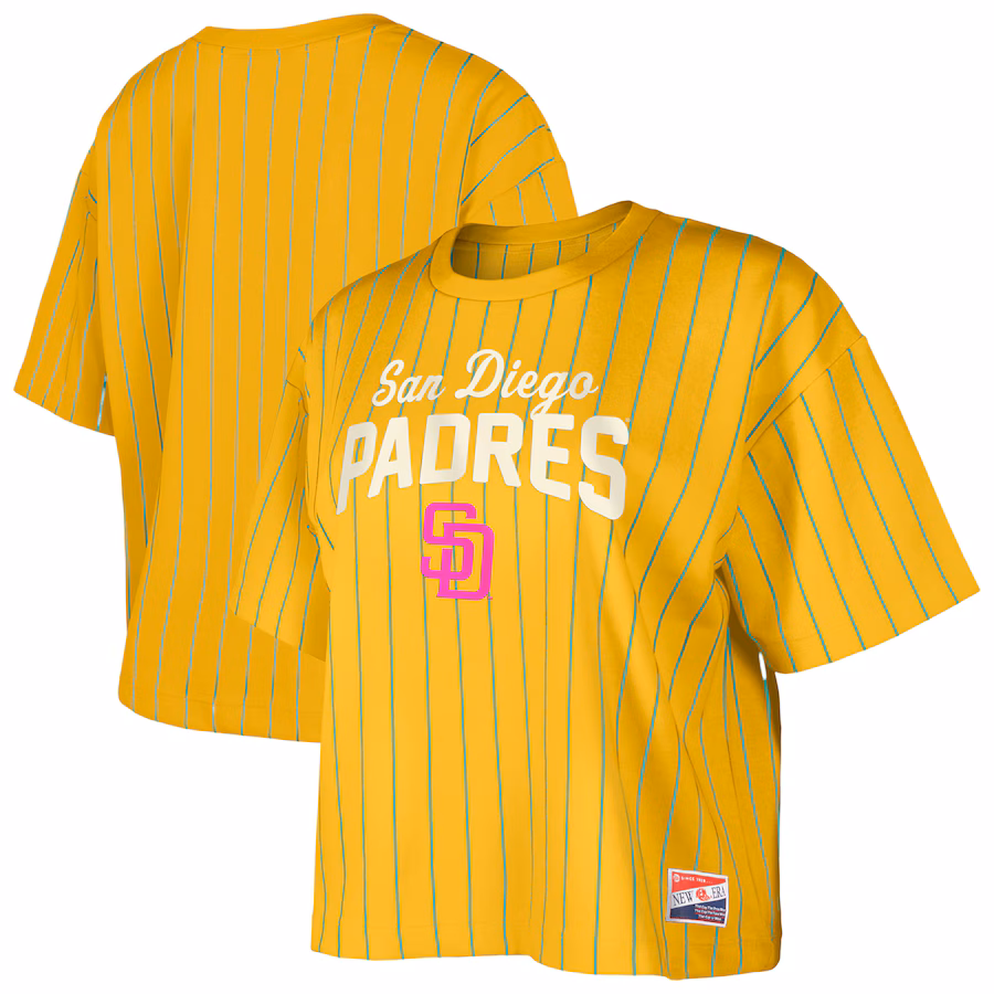Women's San Diego Padres New Era Gold City Connect Multiplier Pinstripe Cropped T-Shirt - Jersey