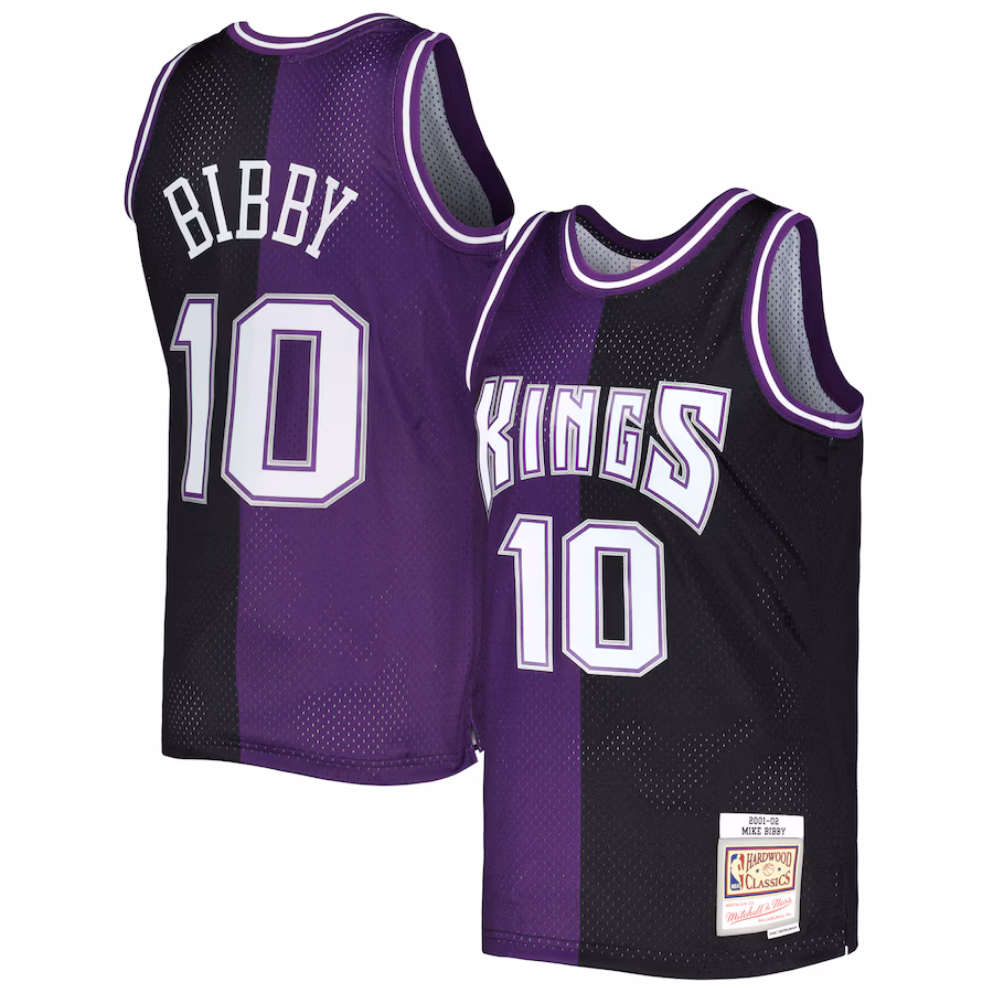 Men's Sacramento Kings Mike Bibby Mitchell & Ness Purple/Black Hardwood Classics 2001/02 Split Swingman Jersey - Jersey