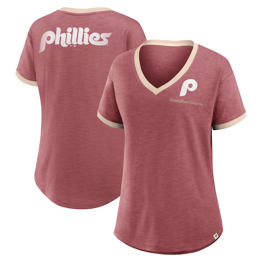 Women's Philadelphia Phillies Fanatics Burgundy Binge Worthy Stadium Slub V-Neck T-Shirt - Jersey