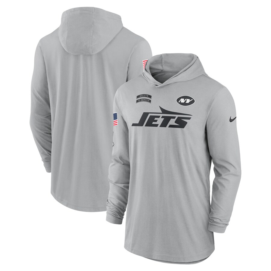Men's New York Jets Nike Gray 2024 Salute to Service Lightweight Performance Long Sleeve Hooded T-Shirt - Jersey
