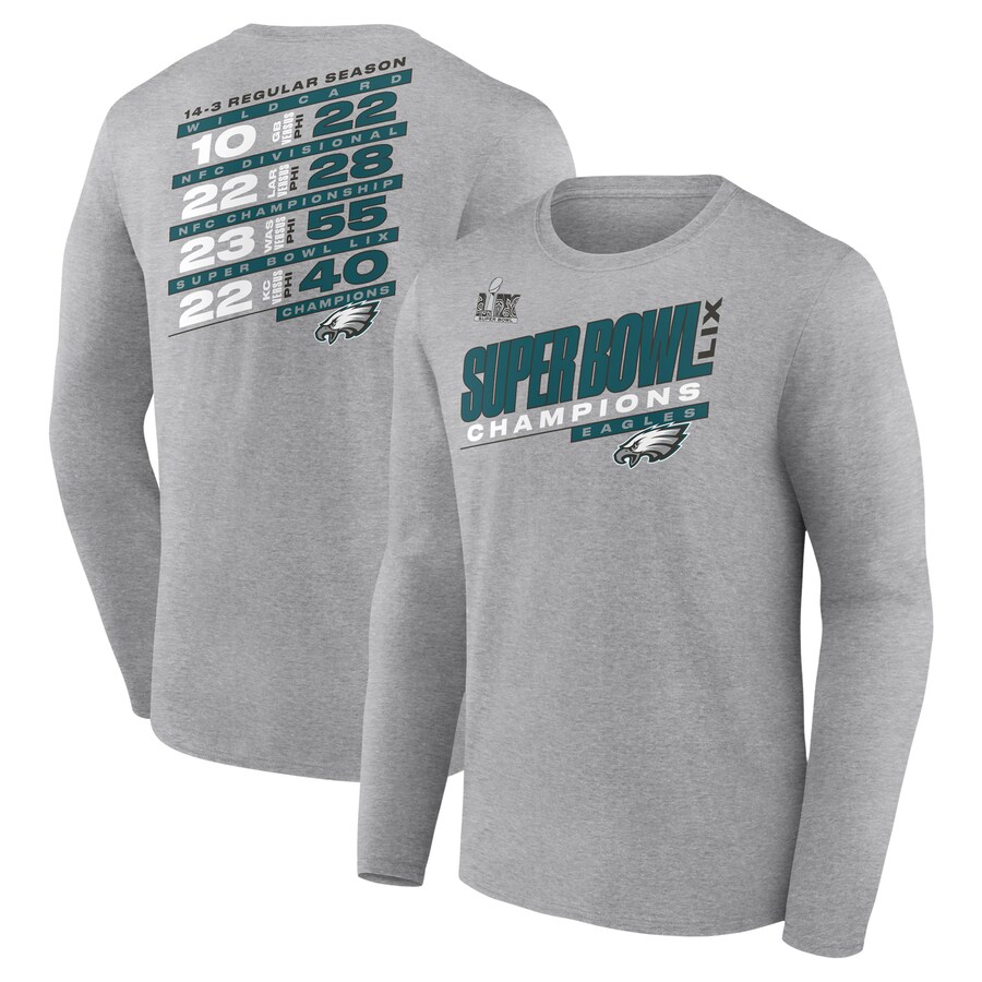 Men's Philadelphia Eagles Fanatics Heather Gray Super Bowl LIX Champions Counting Points Score Long Sleeve T-Shirt - Jersey