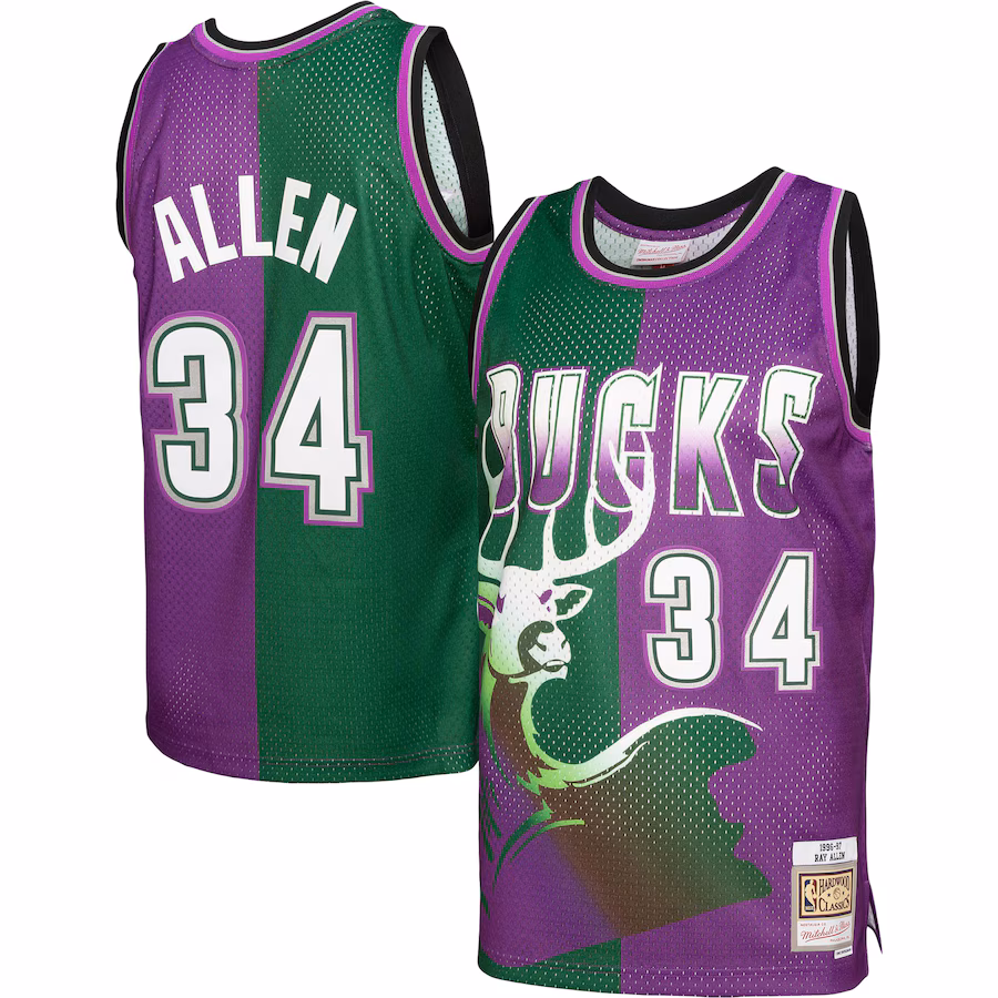 Men's Milwaukee Bucks Ray Allen Mitchell & Ness Green/Purple Hardwood Classics 1996/97 Split Swingman Jersey - Jersey