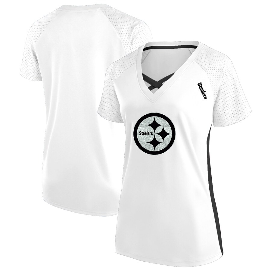 Women's Pittsburgh Steelers Fanatics White Plus Size Glitter Lace-Up V- Neck T-Shirt - Jersey