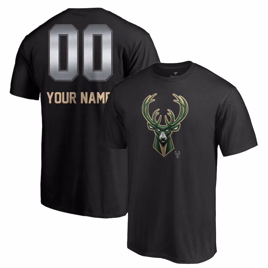 Men's Milwaukee Bucks Black Midnight Mascot Personalized Name & Number T-Shirt - Jersey