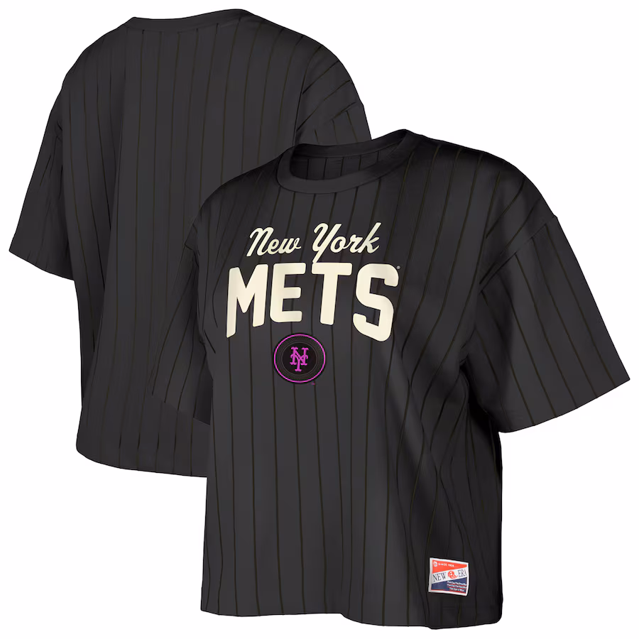 Women's New York Mets New Era Black City Connect Multiplier Pinstripe Cropped T-Shirt - Jersey