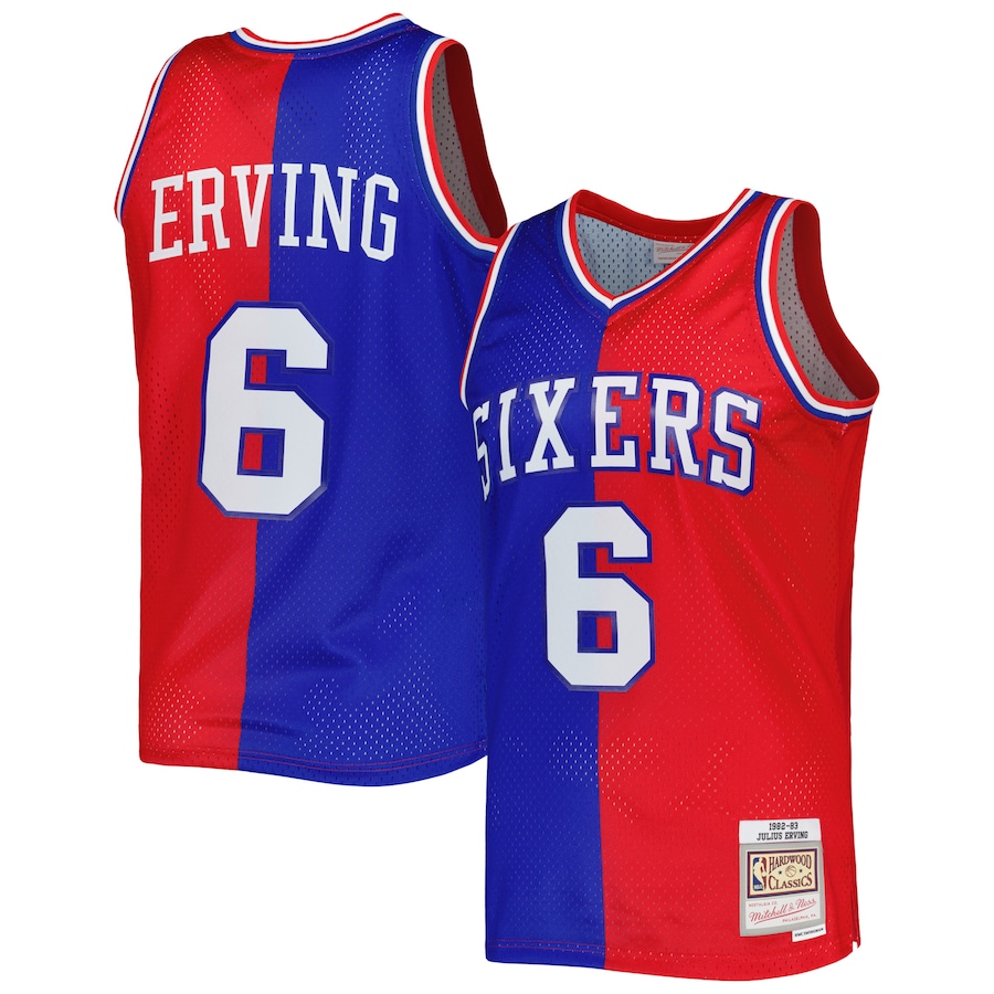 Men's Philadelphia 76ers Julius Erving Mitchell & Ness Royal/Red Hardwood Classics 1982/83 Split Swingman Jersey - Jersey