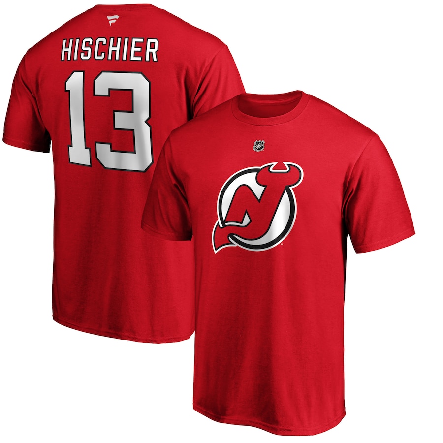 Men's New Jersey Devils Nico Hischier Fanatics Red Team Authentic Stack Name & Number T-Shirt - Jersey