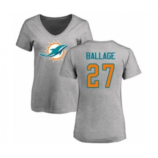 Football Women's Miami Dolphins #27 Kalen Ballage Ash Name & Number Logo T-Shirt - Jersey