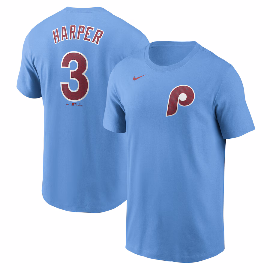 Men's Philadelphia Phillies Bryce Harper Nike Light Blue Fuse Name & Number T-Shirt - Jersey