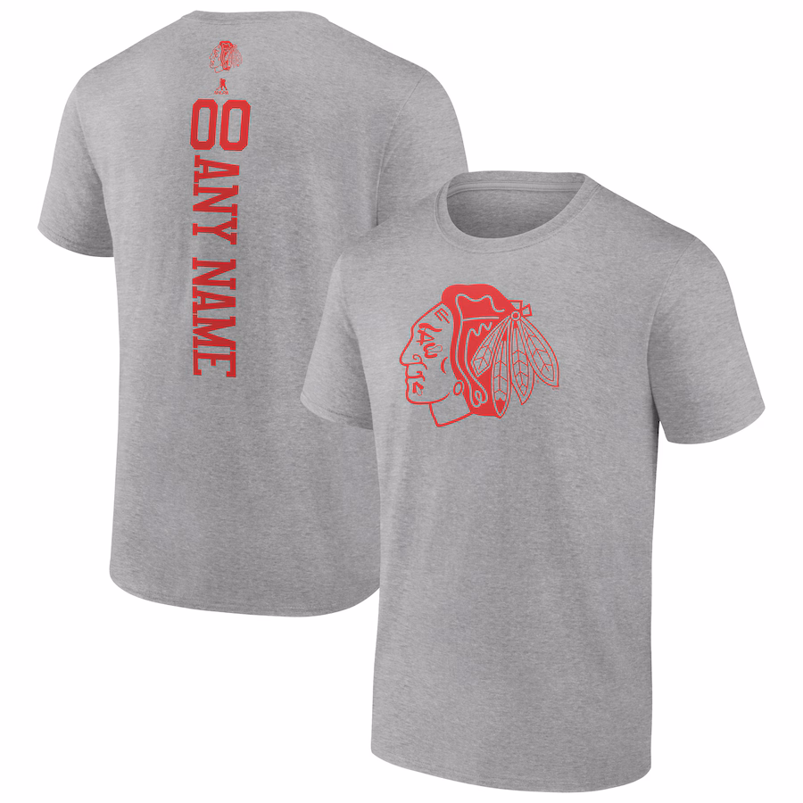 Men's Chicago Blackhawks Heather Gray Personalized Name & Number T-Shirt - Jersey