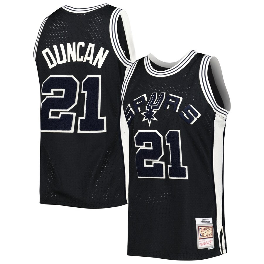 Men's San Antonio Spurs Tim Duncan Mitchell & Ness Black 1998/99 Hardwood Classics Off-Court Swingman Jersey - Jersey