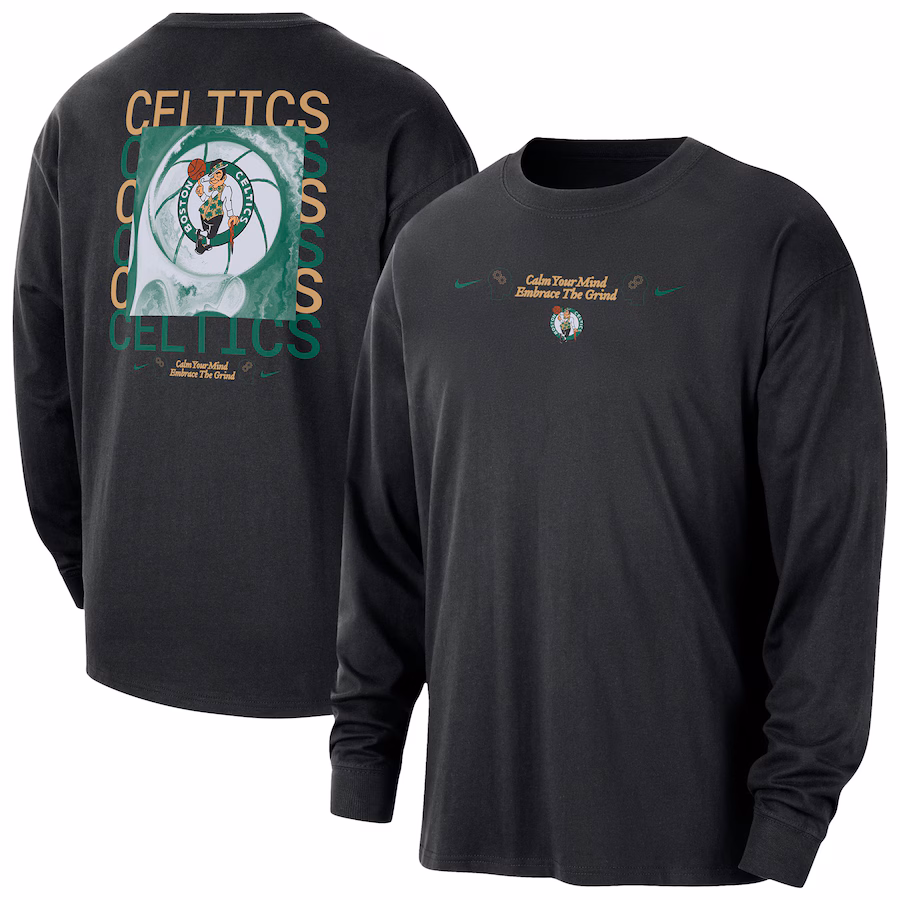 Men's Boston Celtics Nike Black Courtside Oversized Long Sleeve T-Shirt - Jersey