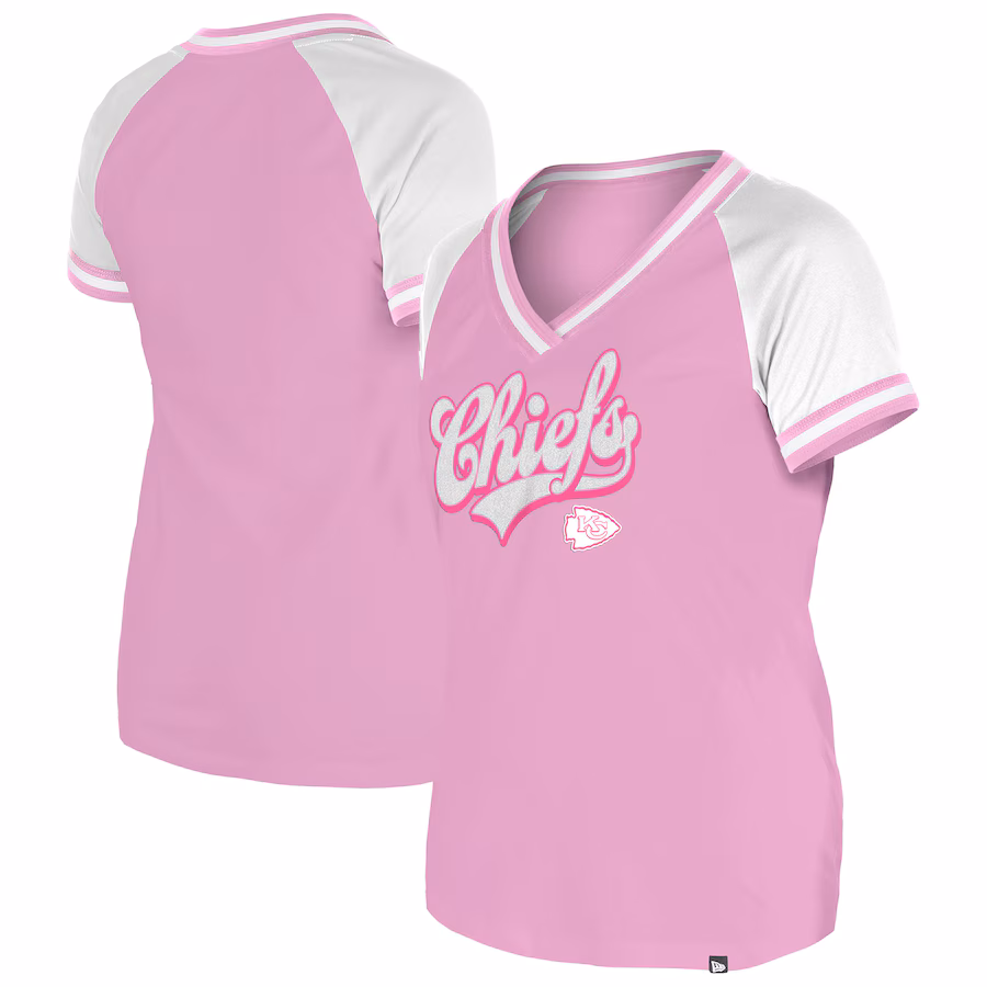 Women's Kansas City Chiefs New Era Pink Color Multiplier V-Neck T-Shirt - Jersey