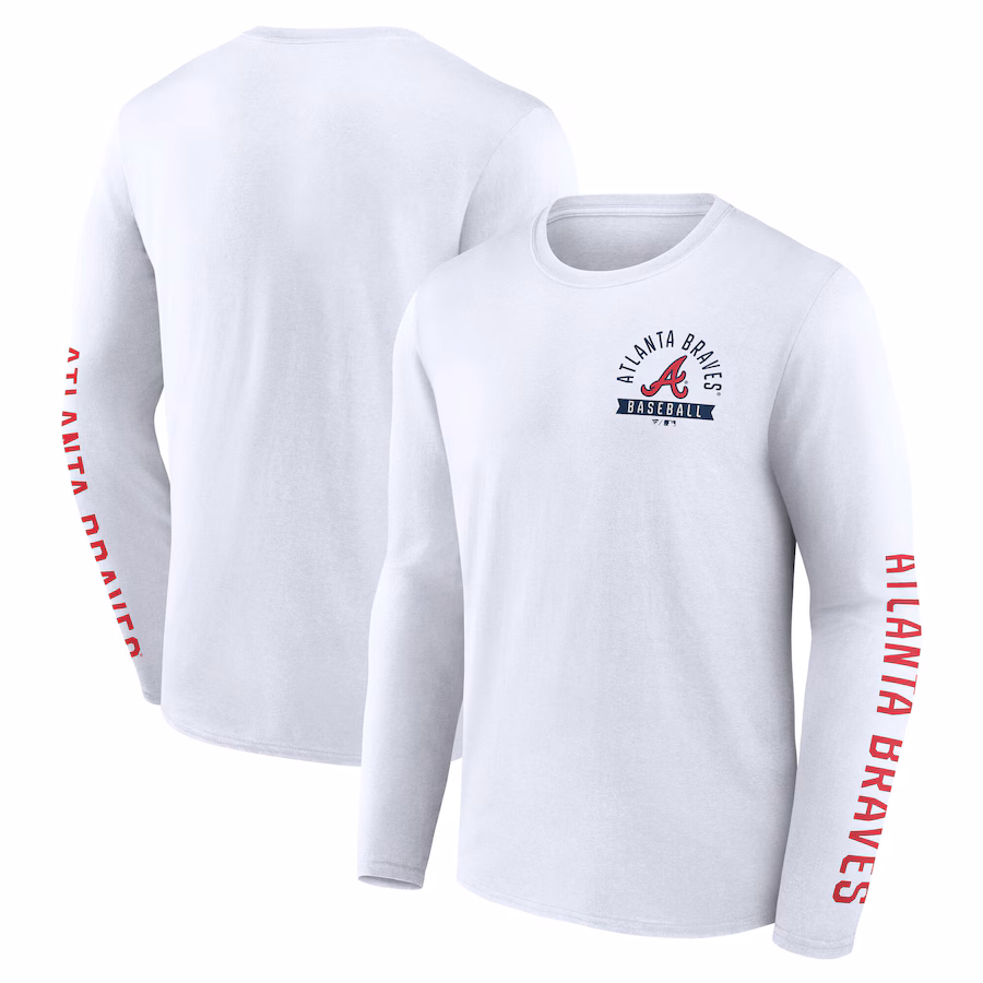 Men's Atlanta Braves Fanatics White Press Box Long Sleeve T-Shirt - Jersey