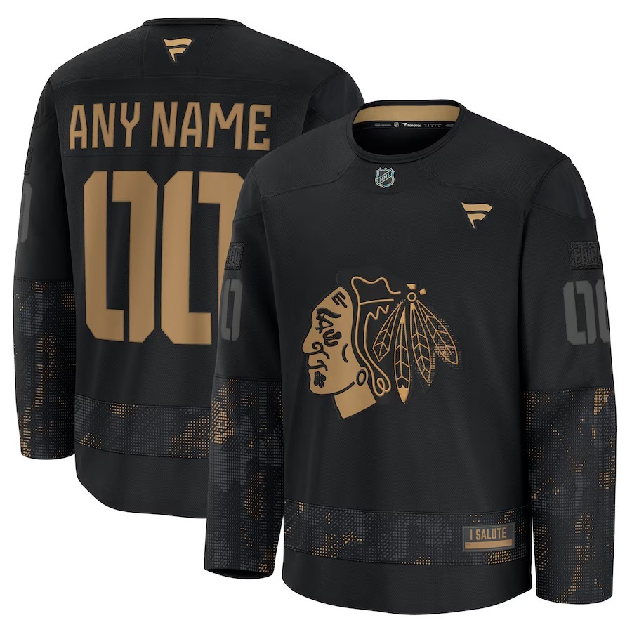 Men's Chicago Blackhawks Fanatics Black 2024 Military Appreciation Custom Practice Jersey - Jersey