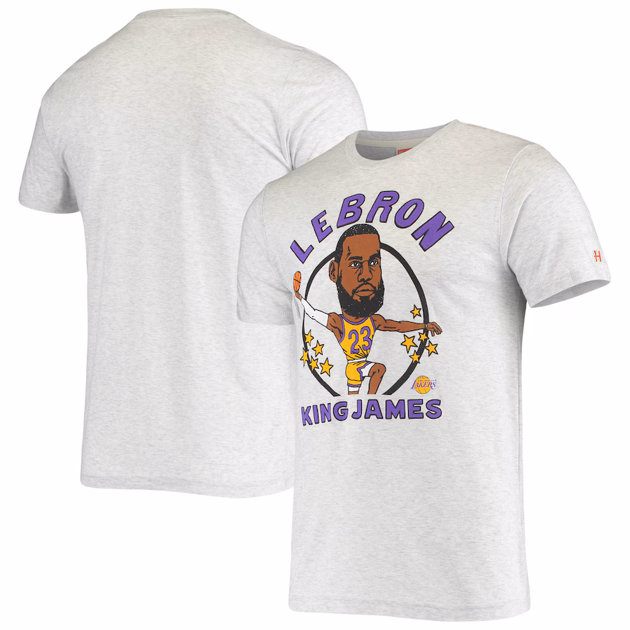Men's Los Angeles Lakers LeBron James Homage Heathered Ash Caricature Tri-Blend T-Shirt - Jersey