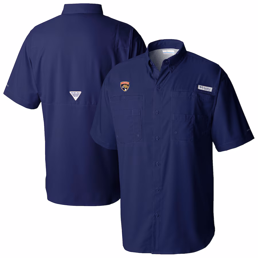 Men's Florida Panthers Columbia Navy Tamiami Short Sleeve Omni-Wick Button-Down Shirt - Jersey
