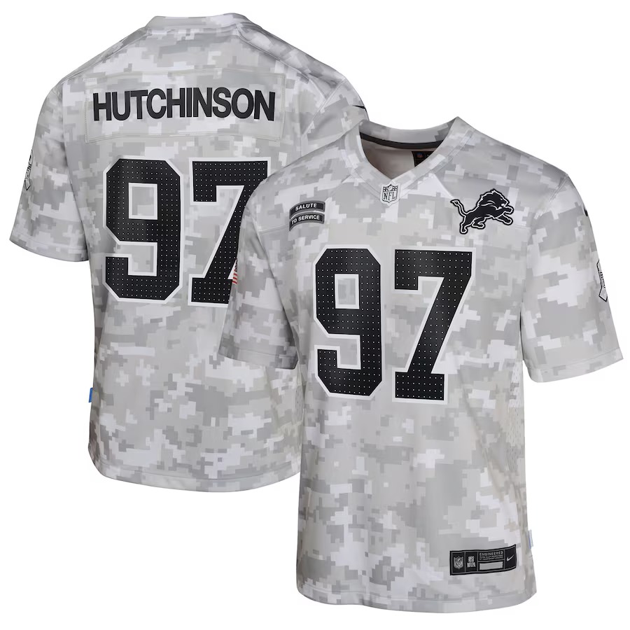 Youth Detroit Lions Aidan Hutchinson Nike Arctic Camo 2024 Salute to Service Game Jersey - Jersey